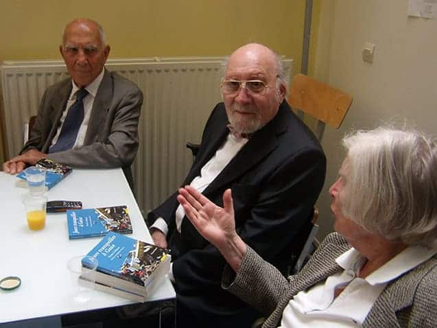 Paul Balta (préfacier de " Jours tranquilles à Ramallah ", Riveneuve, 2008), entre Stéphane Hessel (autre préfacier de " Jours tranquilles à Gaza ", Riveneuve 2010) et Christiane Hessel Chabry (préfacière de " Figures du XIV arrondissement ", Riveneuve, 2017).